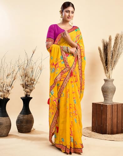 Image of SIRIL Women's Printed Chiffon Saree with Unstitched Blouse Piece