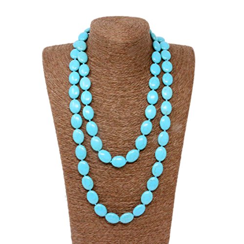 Beads Source Knotted Necklace 52 inches Oval Turquoise Handmade Jewelry. (Blue Turquoise)