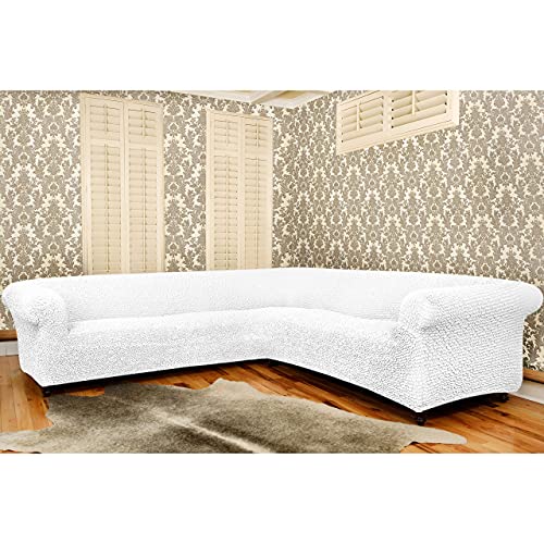 Sectional Sofa Cover - Corner Sofa Slipcover - Soft Polyester Fabric Slipcovers - 1-Piece Form Fit Stretch Furniture Cover - Microfibra Collection (Corner Sofa, White) - Thumbnail 2