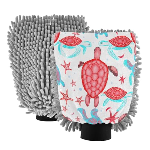 STAYTOP Red and Blue Turtles Car Wash Mitt Microfiber, 2Pcs Scratch Free Lint-Free, Premium Chenille Microfiber Mitt Car Wash Brush-M