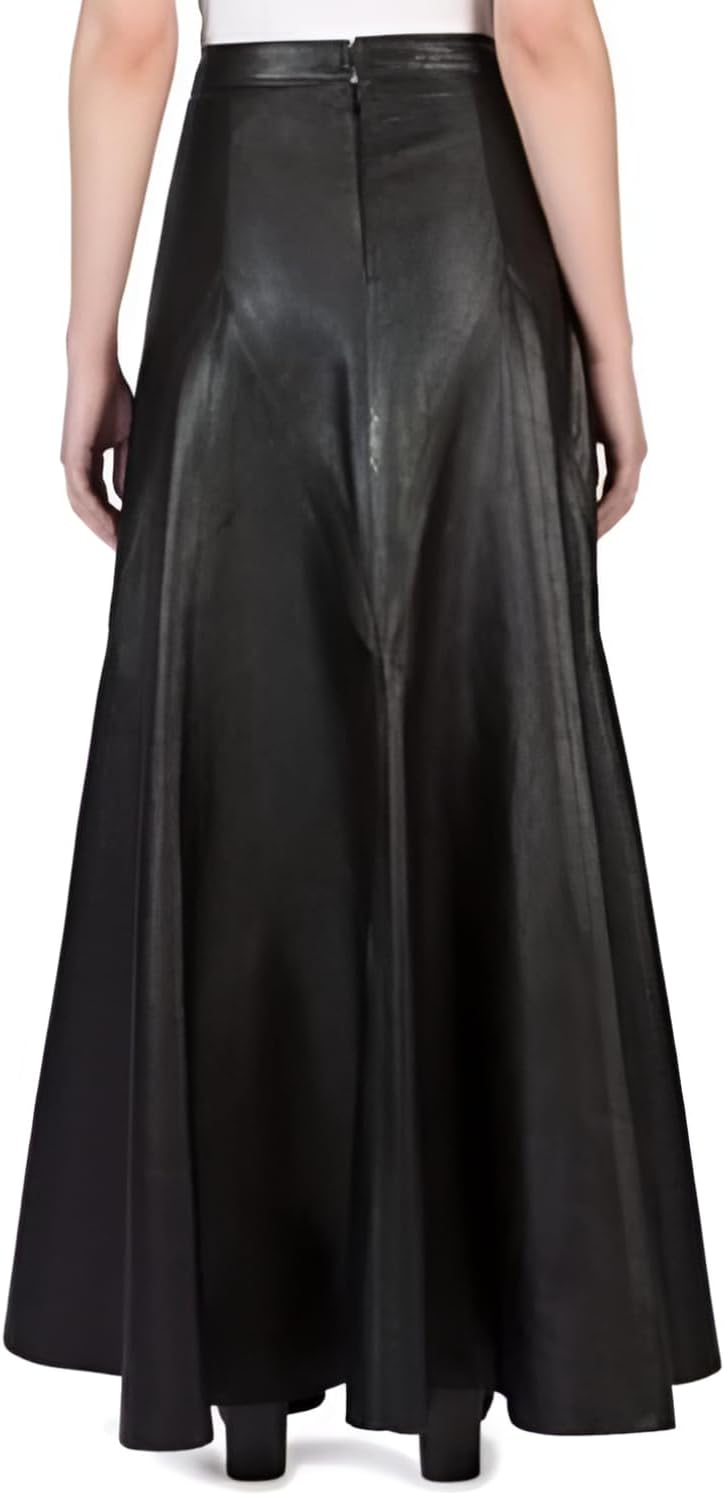 Women’s Lambskin Leather Maxi Skirt High Waist Long A-Line Skirt with Pockets, Black Leather Skirt