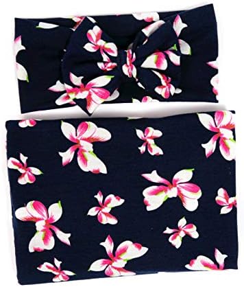Newborn Receiving Blanket Headband Set - Unisex Soft Baby Swaddle Girl Boy Gifts (Bowknot-Ink Blue)