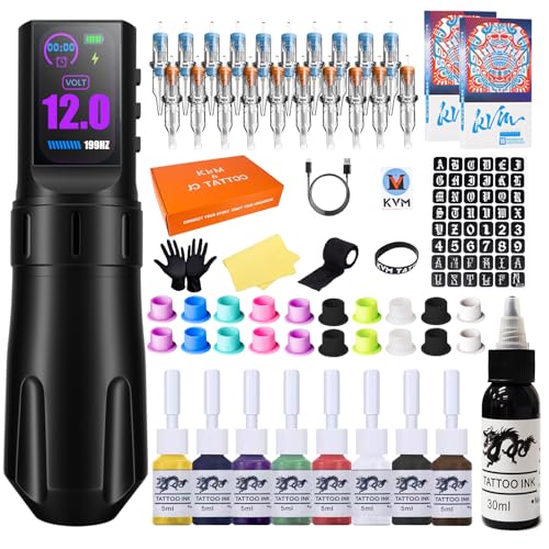 KVM large IPS Screen Tattoo Kit Wireless 1800mAh Suitable for Professionals Kits （Tattoo ink are for tattoo practice use only）