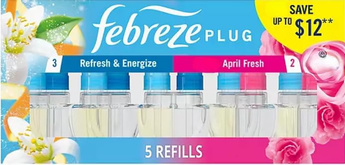 F.e.b.r.e.z.e Plug in Air Fresheners,Odor Eliminator for Strong Odors 5 Oil Refills (Refresh & Energize + April Fresh)