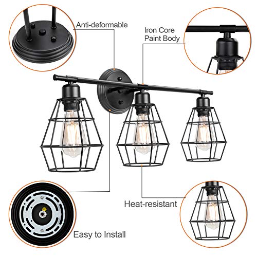 Shine Hai 3-Light Industrial Bathroom Vanity Lights, Farmhouse Wall Light Fixture, Metal Cage Wall Sconce, Vintage Porch Wall Lamp For Mirror Cabinets, Kitchen, Living Room, Workshop #TOP2