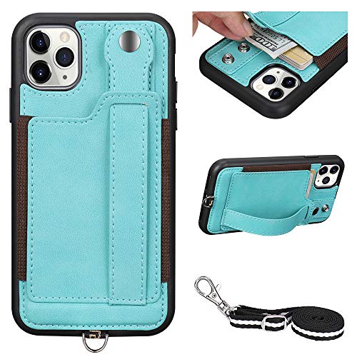Toovren Iphone 11 Pro Case, Iphone 11 Pro Wallet Lanyard Neck Strap With Kickstand Leather Card Holder Adjustable Detachable Necklace, Phone Protective Back Cover For Iphone 11 Pro 5.8" 2019 Green #TOP4