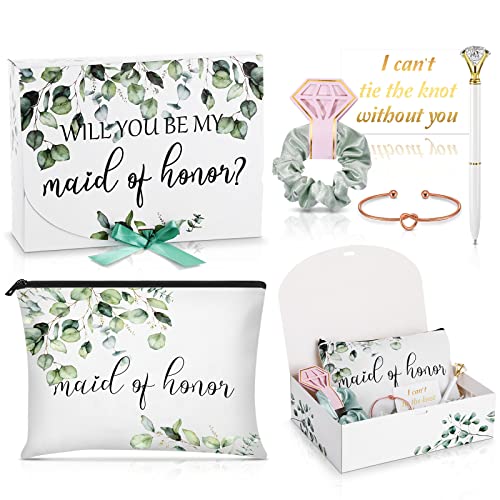 7 Pcs Bridesmaid Proposal Gifts Set Will You Be My Maid of Honor Proposal Box Sage Green Bridesmaid Makeup Bag Scrunchie Pen Bracelet Raffia Grass Card for Wedding Bridal Shower Bachelorette Party