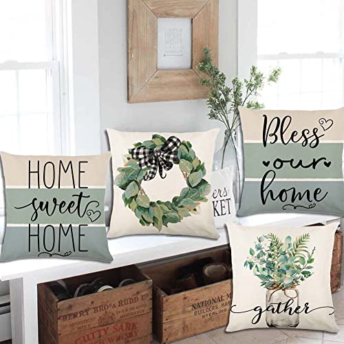 Gaonini Spring Pillow Covers 18X18 Set Of 4, Farmhouse Decor Eucalyptus Decorative Throw Pillow Covers Outdoor, Home Sweet Home Bless Our Home Couch Pillows Cases For Home Sofa Cushion #TOP4