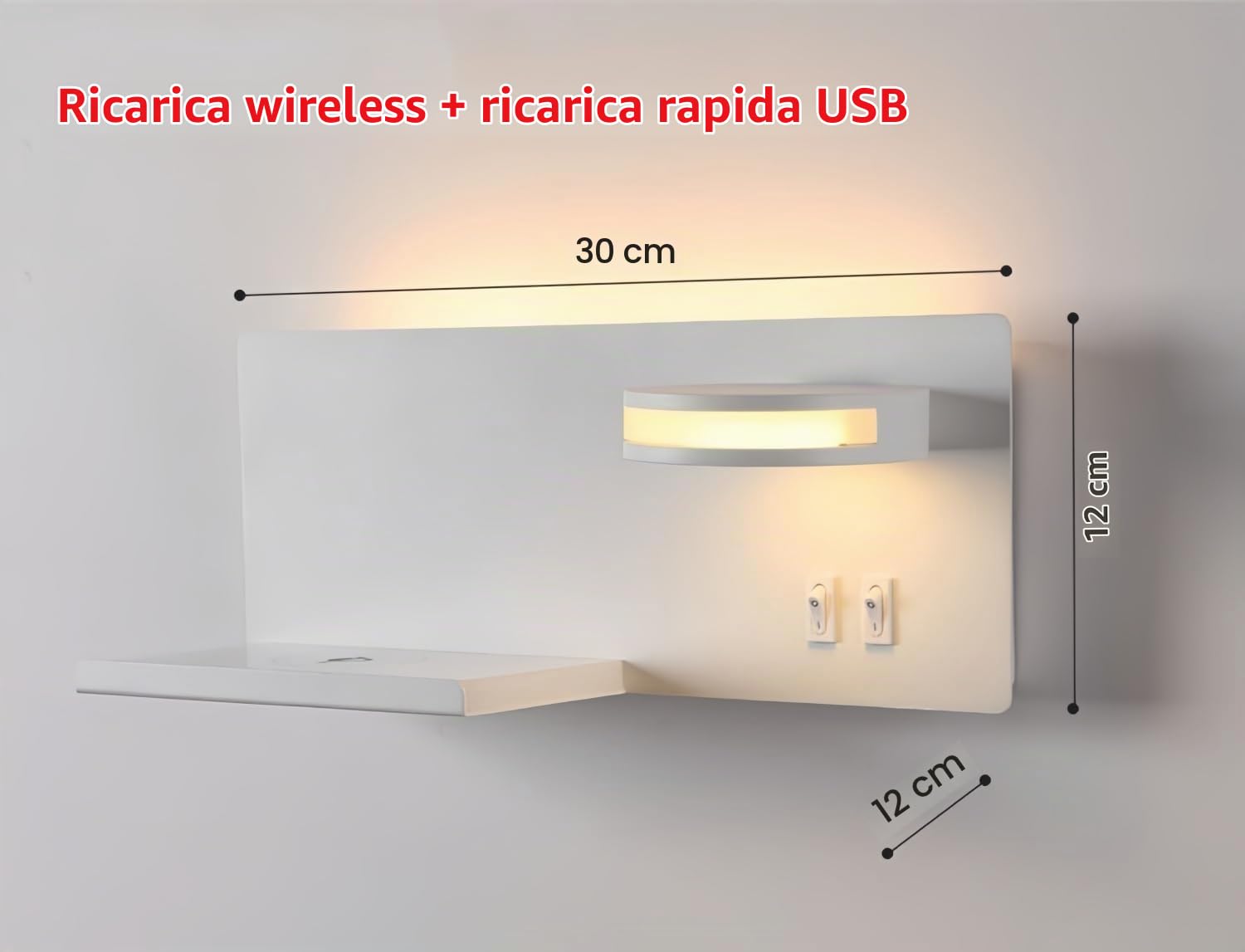 Lampada da Parete LED Moderna Ricarica Wireless e USB 30 cm x 12 cm Luce Notturna Orientabile per Camera da Letto Rotabile Applique Luce Notturna Illuminazioni per Pareti Bianco (A destra)
