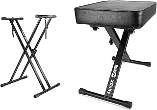 Rockjam Xfinity Doublebraced Pre Assembled Keyboard Stand with Locking Straps & Premium Adjustable Padded Keyboard Bench or Digital Piano Stool