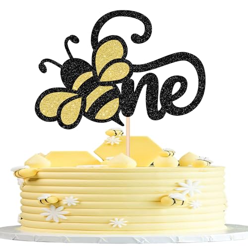 1 PCS Bumble Bee One Cake Topper Glitter 1st Birthday Bee Party Cake Pick Honey Bee First Birthday Cake Decoration for Bee Theme Baby Shower Kids First Birthday Party Cake Decorations Supplies