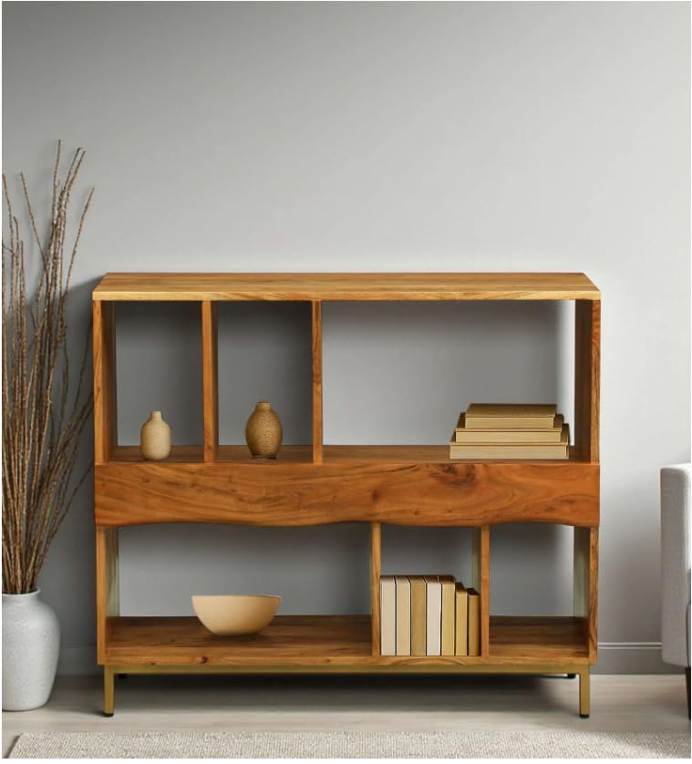 Image of Barcelona Modern Bookshelf Storage for Living Room & Study | Acacia Wood, Natural Finish | Wooden Book Shelf with Doors & Open Display Racks | Modular Storage Unit for Home Office