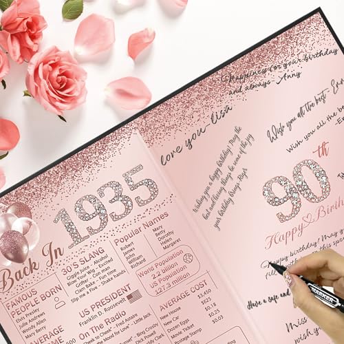 Image of Vlipoeasn 90th Birthday Party Guest Book for Women, Creative 1935 Poster Sign in Book, Pink and Black Back in 1935 Signature Book, 90 Year Old Birthday Party Decorations Centerpieces Supplies
