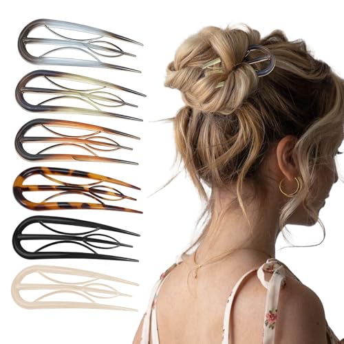 Hongliang 6Pcs French Hair Pins Set - Wavy U Shaped Tortoise Shell Retro Fork Hair Clips with 3 Internal Teeth Ideal for Thin & Thick Hair Buns & Twist HairstylesWomen