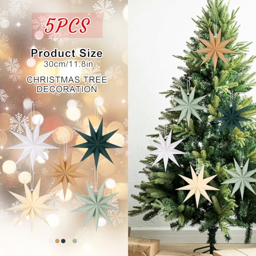 Image of 5 PCS 12 Inch Sage Green Paper Star Lanterns - Hanging Stars Christmas Party Decorations