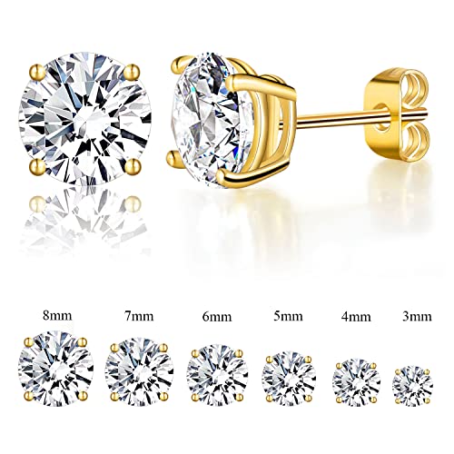 Gemsme 3-8mm Round Cut Cubic Zirconia Gold Earrings for Women/Men Trendy - Hypoallergenic Flat Back Stainless Steel With 18K Yellow Gold Plated CZ Stud Earrings Set - 6 Pairs2
