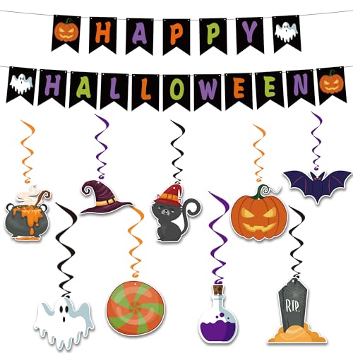 Halloween Party Decorations - Hanging Swirls Happy Halloween Banner | Spooky Pumpkin Ghost Bat Swirl Streamers | Halloween Party Favors Supplies Accessories for Home Wall Party Decor Outdoor Indoor