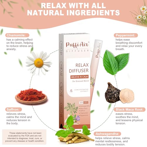 Image of Herbal Diffuser Pen, Relax Diffuser with Chamomile, Peppermint, Saffron, Ashwagandha & Black Maca Root for Breathing in Calm, All Natural Swap - Up to 600 Uses (Varies by Usage), 1 Diffuser, 1 Pack