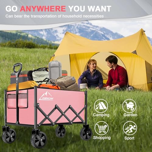 Image of Collapsible Folding Wagon Cart, 350LBS Utility Large Capacity Cart Foldable Wagon with All Terrain Wheels, Grocery Wagons Carts for Garden Shopping Sports Camping, Light Pink