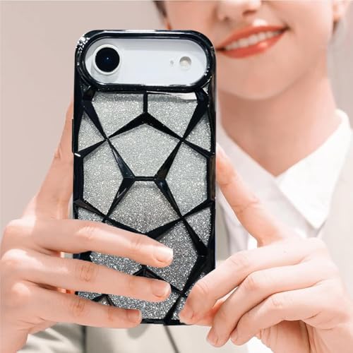 Image of VONZEE Gradient Glitter Back Cover Case Compatible with iPhone 17 Air, Luxury Electroplated 3D Cube, Diamond Bling Shiny Soft TPU Clear Shockproof Women Girls Protective Phone Cover (Black)