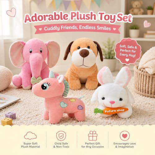 Image of Pack of 4 Soft Toys Combo Appu Elephant, Unicorn, White Rabbit, Setting Dog Cute Kids Baby Boys /Girls Animal Stuffed Plush Toy.
