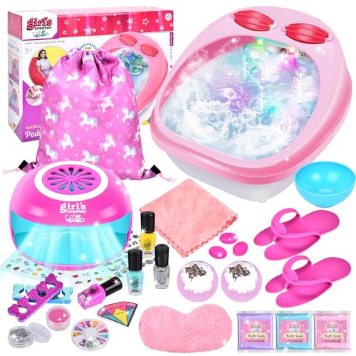 JONRRYIN Kids Foot Spa & Nail Kit Set, Kids Spa Day Kit for Girls, Perfect Pedicure and Party Supplies, Massage Foot Soak Tub, Nail Dryer, Nail Polish, Bath Bombs, Christmas Birthday Gifts