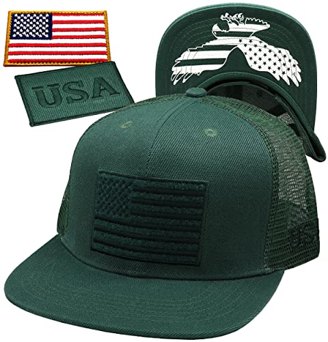 Image of Antourage American Flag Unisex Baseball Hat for Men and Women | USA Flag Mesh Snapback Flat Visor Cap + 2 Patriotic Patches