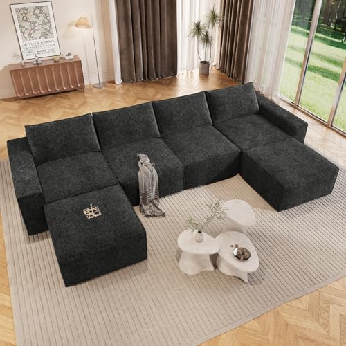 Image of Vesgantti 145.6 inch Modular Boneless Couch, Modern U Shaped 6 Seater Sectional Sofa with 2 Ottoman & Deep Seat, Convertible Chenille Cloud Couches for Living Room, No Assembly Required, Black