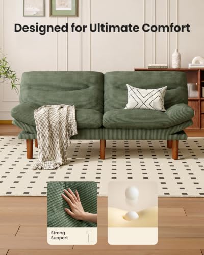 Image of Amada Convertible Futon Sofa Bed, Corduroy Folding Futon Set with Adjustable Backrest &Armrests, Recliner Lounge for Living Room, Apartment or Office, Solid Wood Frame, Loveseat Sofa -Green 75 Inch