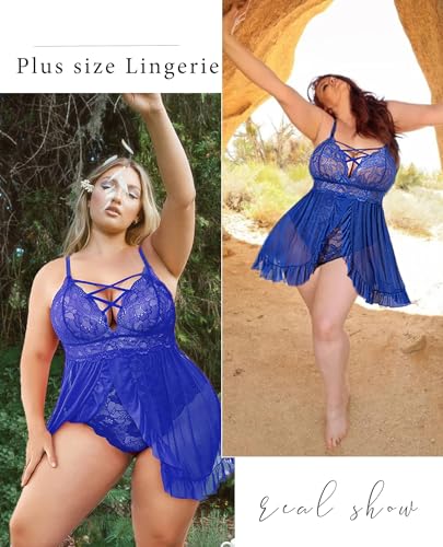 Image of SSoShHub Women's Plus Size Lingerie Beautiful Babydoll Snap Crotch Lace Chemise Ruffles Nightwear Bodysuit with Babydoll