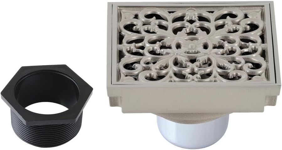 Scroll 4" Brass Square Grid Shower Drain with Hair Strainer, Brushed Nickel