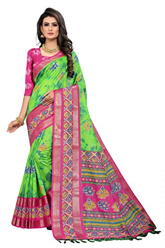 Divine International Trading Co Women's Cotton Blend Patola Ikat Saree with Unstitched Blouse(Geometric-Green)