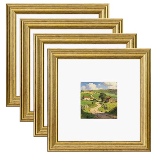 Image of eletecpro 8x8 Gold Picture Frames Set of 4, Vintage Photo Frames with Clear Acrylic Cover, Gallery Wall Art Display 4x4 Photo with Mat or 8x8 without Mat for Tabletop and Wall Mount, Home Decor