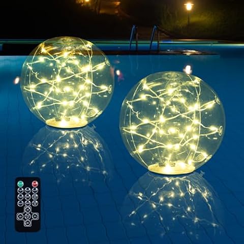 Floating Pool Lights Solar Powered, IP68 Waterproof 14 Inch Inflatable Pool Lights, 3 Lighting Modes Floating Pool Balls for Pool Garden Lawn Party Decorations - 2PCS (Warm Light) Cover