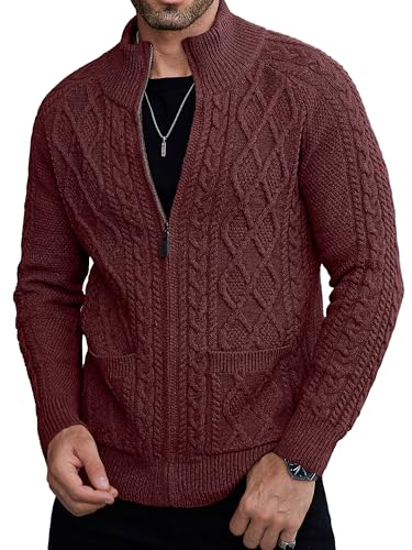 Comdecevis Men's Cardigan Sweaters Full Zip Up Stand Collar Slim Fit Cable Knitted Sweater with Pockets2