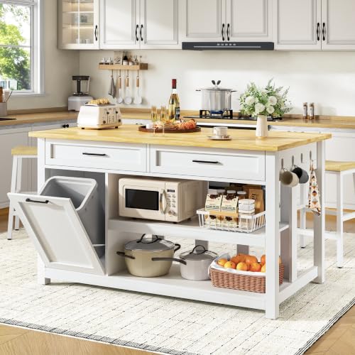 DynJest 47" Solid Rubberwood Top Kitchen Island with Storage, 2 Bar Stools