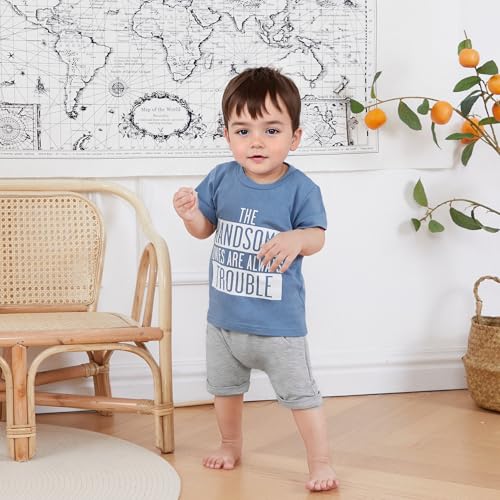 Toddler Baby Boy Summer Outfit Short Sleeve Letter Print T Shirt Top and Casual Shorts Set Cute Infant Newborn Clothes (Blue Handsome Trouble, 18-24 Months) - Thumbnail 2