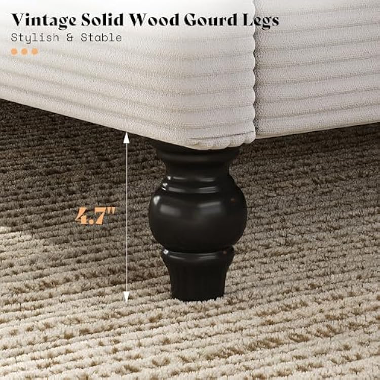 AMERLIFE Queen Bed Frame with 63 Tall Headboard, Upholstered Corduroy Bed Frame with Wingback, Platform Bed with Solid Wood Gourd Legs, Solid Slats, No Box Spring Needed, White