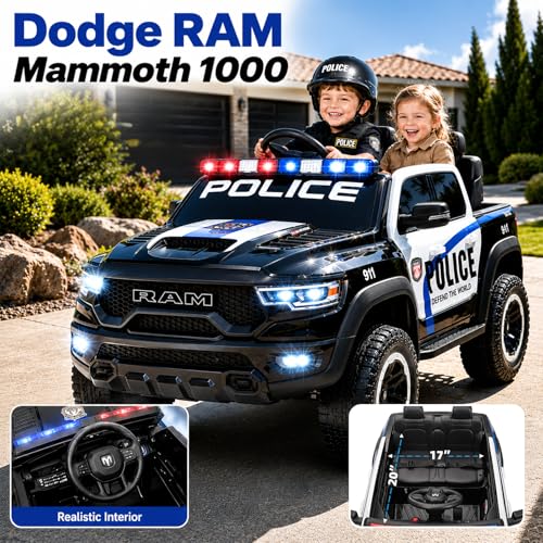 Image of 24V Licensed Dodge RAM Police Ride On Truck, 4WD Quad Motor Kids Electric Car with Parent Remote Control, 2-Seater Safe Ride On Vehicle, Bluetooth Music Emergency Light, Birthday Gift for 3-8
