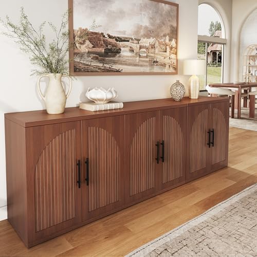 Image of MapleGrace 63 inch Fluted Buffet Cabinet, Walnut Credenza with Adjustable Shelf