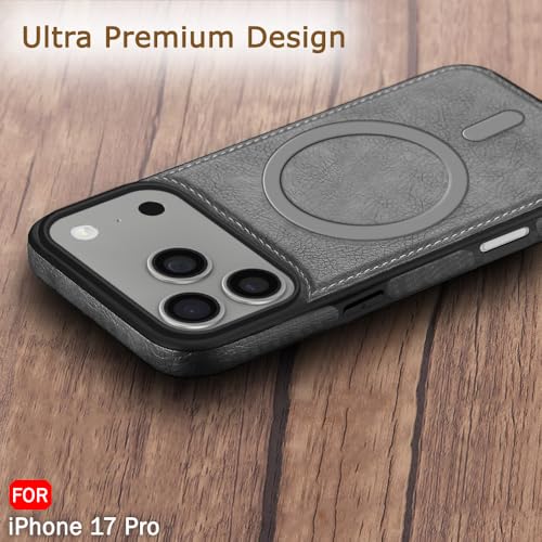 Image of TheGiftKart Genuine Leather Finish Back Cover Case for iPhone 17 Pro | Shockproof Design | Raised Edges for Camera & Screen Protection | Stunning Minimalist Design Cover (MagSafe Compatible, Grey)