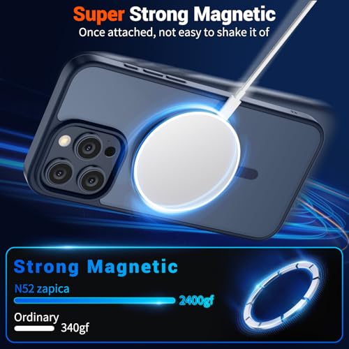 Image of SUPFINE Magnetic for iPhone 15 Pro Case with Screen Protector (Compatible with MagSafe) (Military Grade Drop Protection) Translucent Matte Shockproof Phone Cover,Dark Blue