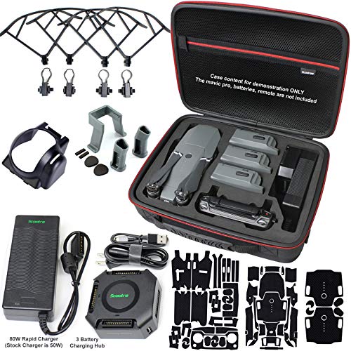 Scootree Mavic Pro Carrying Case Bundle with 80W Rapid Charger, Battery Charging Hub, Propeller Guards, Landing Gear Extension, Lens Hood & More Compatible w/DJI Mavic Pro, Platinum, Fly More Combo