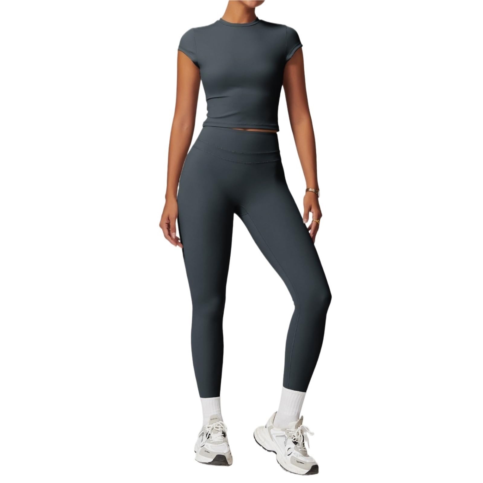 Completo yoga 2 pezzi Set da yoga Abbigliamento sportivo Legging palestra Reggiseno fitness Crop Top Tuta sportiva a maniche corte per lo sport