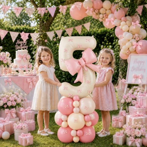 Image of 40 Inch Pink Beige Number 5 Balloon Tower with Bow 5th Birthday Decorations