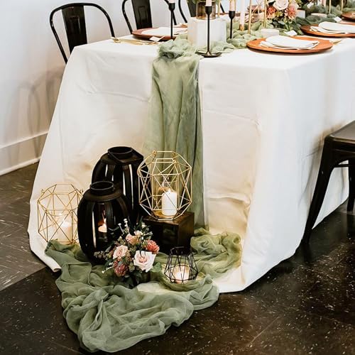 ACOMTUO 4 Stück Boho Musselin Seihtuch,90x300 cm Grün Gaze Käsetuch Boho Hochzeit,Boho Seihtuch,Tischläufer Eukalyptus Grün für Hochzeitsdeko, Tischdeko Geburtstag, Babyparty