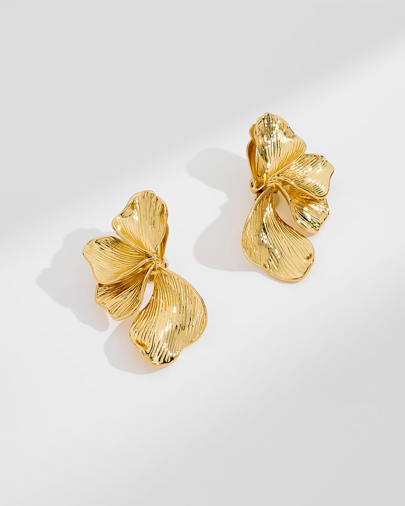 FAUTHENTIUTE Gold Flower Clip on Earrings For Women Chunky Floral Statement Earring With 4pcs Petal Summer Boho Gold Jewelry Gift - Image 7