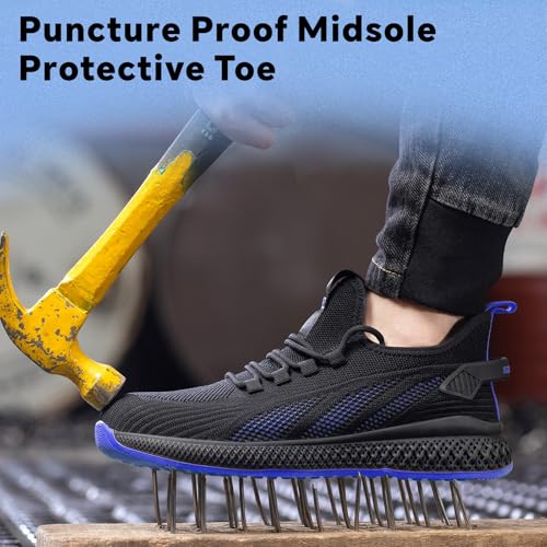 SPIEZ Unisex Safety Shoes with Composite Toe Cap, Puncture Proof Breathable Work Shoes for Men and Women, Slip on Fashion Sneakers for Work and Daily Wear, BlackBlue-Upgraded2