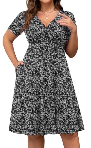 Image of POSESHE Womens Plus Size Dresses Summer Short Sleeve Wrap V-Neck Sundress Casual Wedding Guest Cocktail Dress with Pockets