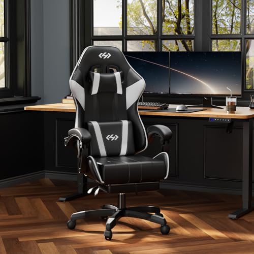 HLDIRECT ゲーミングチェア gaming chair オットマン付き pcチェア 椅子 在宅勤務用チェア145°リクライニング広々とした座面ハイバック ゲーミングチェア人間工学に基づいたオフィスチェア快適な座り心地腰部頭部サポート付き連動式アームレスト高さ調節機能PUレザー(白と黒) [2]